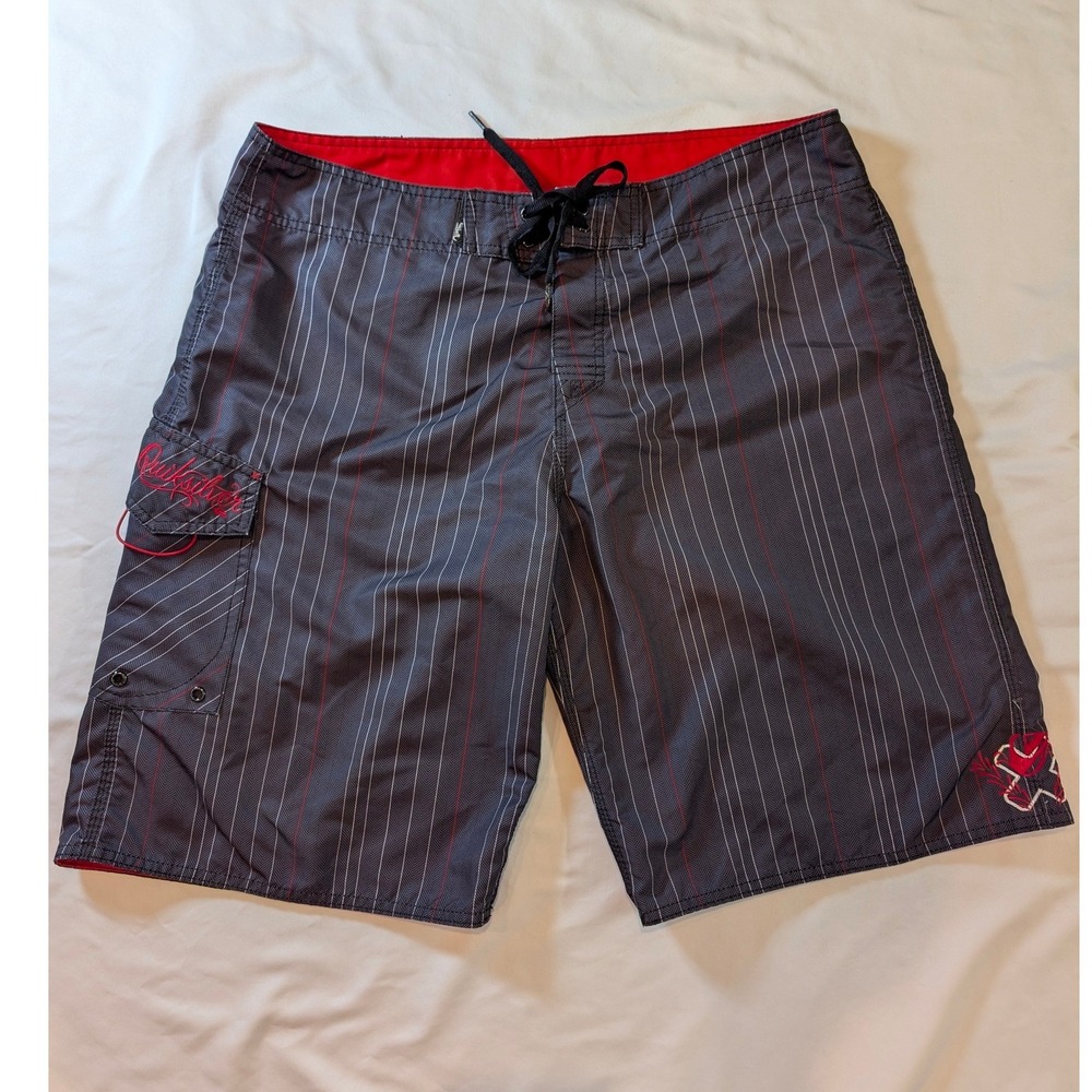 Quiksilver Mens Board Shorts Y2K Surf Swim Grey Striped Embroidered Size 36
